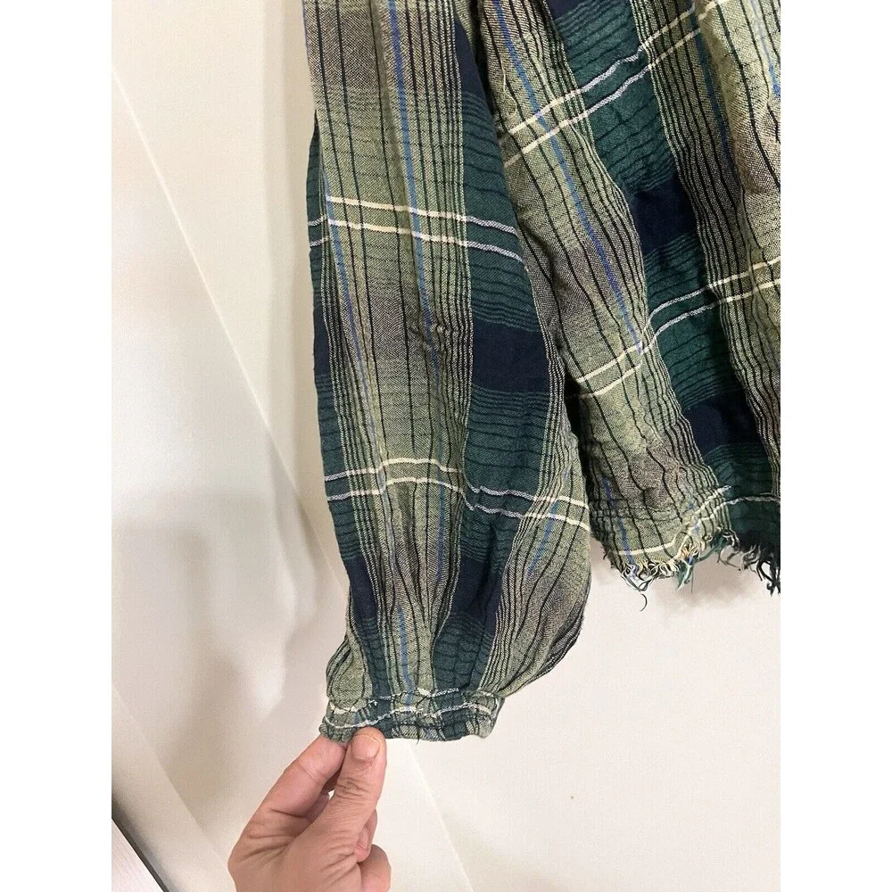 Free People Plaid Tunic Top Oversize Raw Hem Pullover Green Cloudbreaker XS - Picture 6 of 9